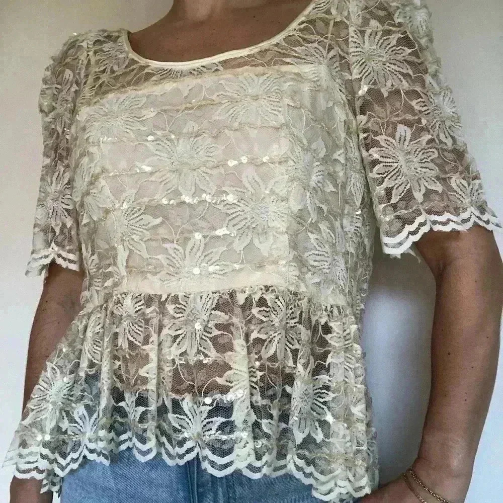 VINTAGE ivory lace sequins peplum top 6 Whimsical coquette unconventional lace - Picture 4 of 5